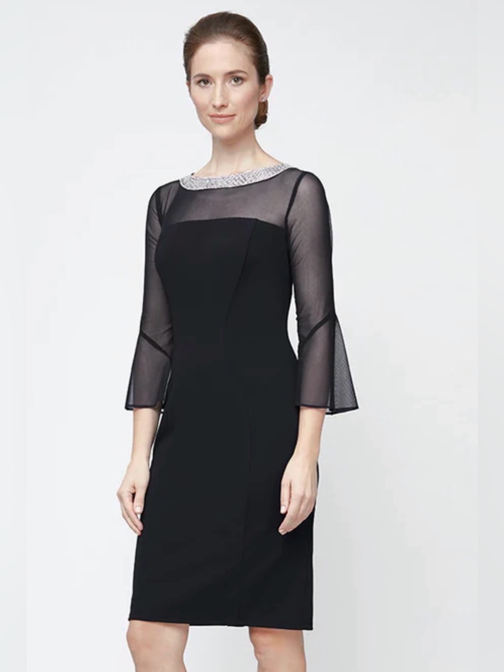 Alex Evenings OLIVIA ILLUSION NECK CREPE DRESS in Black
